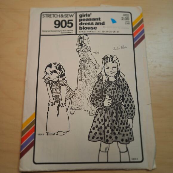 1979 Vintage 905 Girl's Peasant Dress & Blouse Stretch and Sew Chest Size 21-27 - Picture 1 of 8